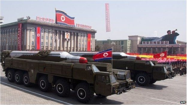 A photo from April 2012 shows missiles at a parade in Pyongyang