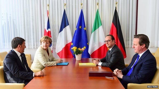 Italian Prime Minister Matteo Renzi (L-R), German Chancellor Angela Merkel, French President Francois Hollande and British Prime Minister David Cameron