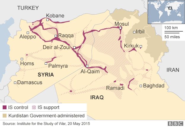 Map showing IS control in Syria and Iraq