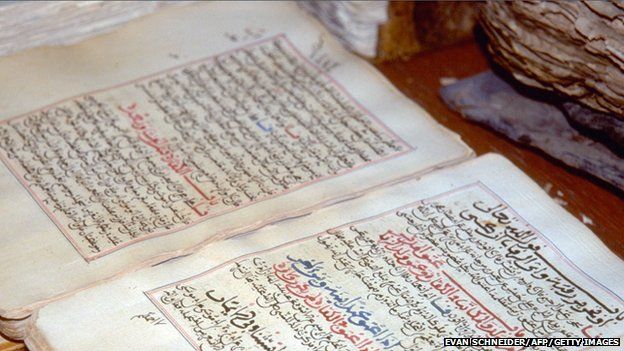 Handout picture dated 1997 and released on July 1, 2012 by the UN shows ancient manuscripts displayed at the library in the city of Timbuktu