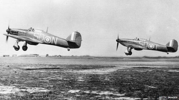 Hurricane fighter planes taking off from Gravesend, after being refuelled and rearmed, during the Battle of Britain,