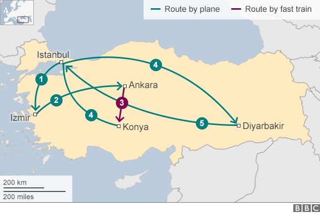 Map of Mark Lowen's route around Turkey