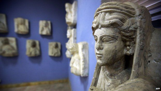 A sculpture found in the ancient Syrian oasis city of Palmyra, displayed at the city's museum (March 2014)