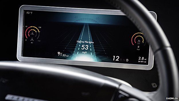 The dashboard showing that the vehicle is in autonomous mode