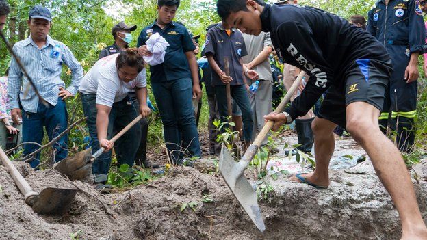 Thai volunteers exhume unmarked migrant graves in the forest