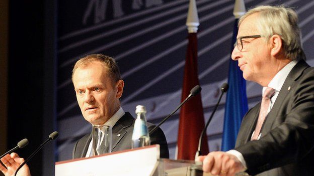 EU leaders Donald Tusk (left) and Jean-Claude Juncker, Riga summit