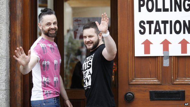 Partners Adrian and Shane after casting their vote in Drogheda, County Louth