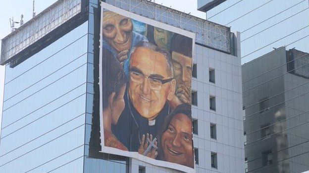 Poster of Oscar Romero on a building in El Salvador, May 2015