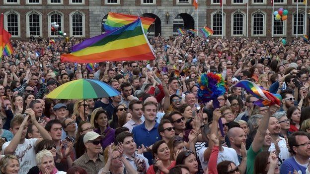 Thousands of people celebrate in Dublin Castle Square as the result of the referendum is relayed on 23 May