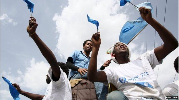 People take part in a Blue Party election rally in the capital Addis Ababa on 21 May.