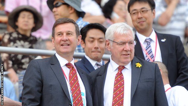 Welsh Rugby Union chief executive Roger Lewis (left) with president Dennis Gethin during Wales' 2013 tour of Japan