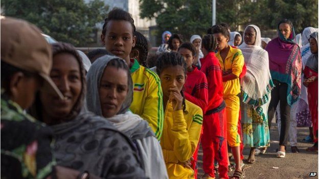 Voters queue early in the morning to cast their votes in Addis Ababa.