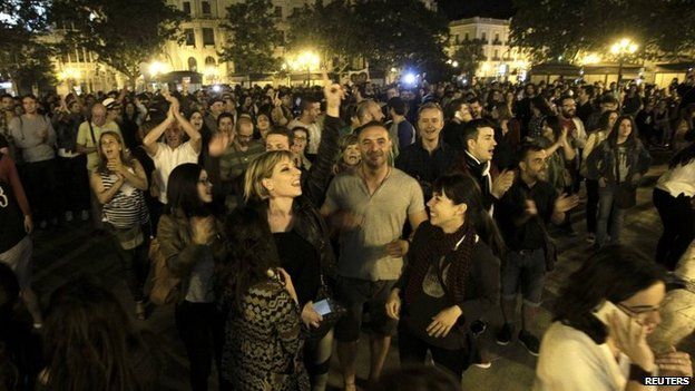 People celebrate the results at Valencia town hall square - 24 May, 2015.