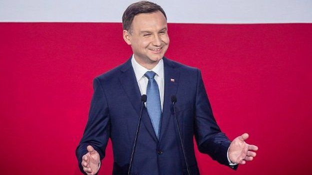 Andrzej Duda delivers a speech after the announcement of the exit poll results in Poland's presidential election in Warsaw - 24 May 2015