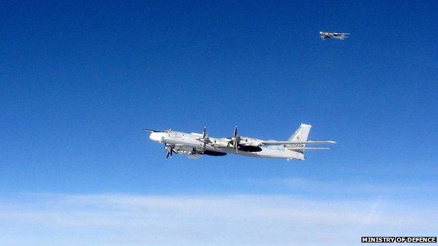 A pair of Russian Bear aircraft pictured from a Royal Air Force Quick Reaction Alert (QRA) Typhoon during an intercept in September 2014