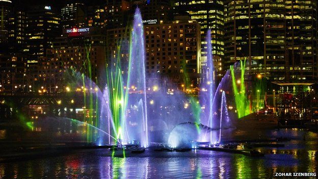 A laser-fountain display at Darling Harbour, Sydney, May 2015