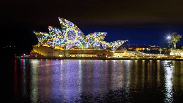 A lighting display on the Sydney Opera House sails, May 2015
