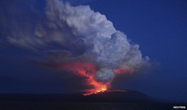 The Wolf volcano spews smoke and lava on Isabela Island, 25 May 2015