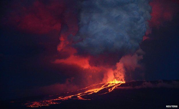 The Wolf volcano spews smoke and lava on Isabela Island, 25 May 2015