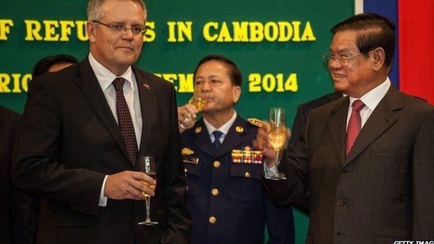 Australian Social Security Minister Scott Morrison with Cambodia's Sar Kheng