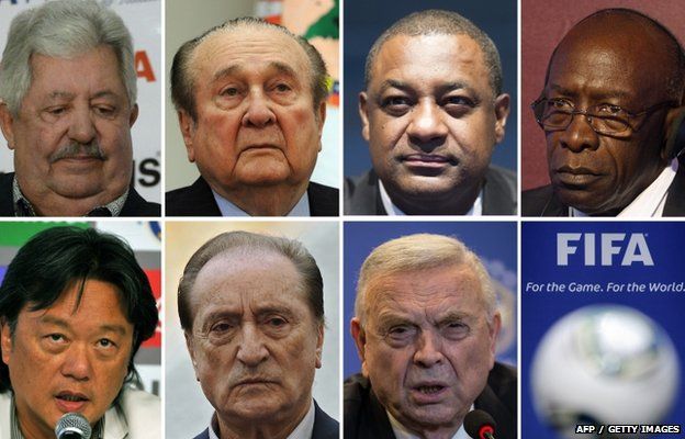 A combination of file pictures shows Fifa officials (L to R, from upper row) Rafael Esquivel, Nicolas Leoz, Jeffrey Webb, Jack Warner, Eduardo Li, Eugenio Figueredo and Jose Maria Marin, 27 May 2015