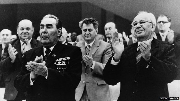 Soviet leader Leonid Brezhnev and Gustav Husak the Czech General Secretary, applauding during the 16th Congress in Prague