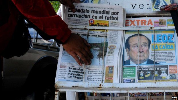 Front pages of newspapers in Asuncion with the picture of former CONMEBOL president Nicolas Leoz on May 28, 2015.