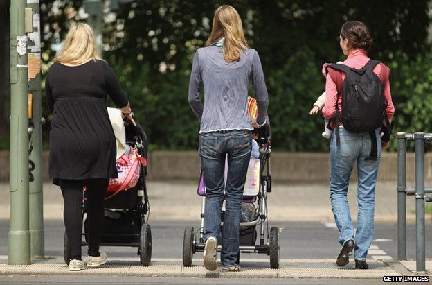 Women with young babies walk towards a park in July 2012 in Berlin, Germany.