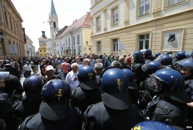 Croatian police infront of the Croatian Government building and St. Marko Church in Zagreb, Croatia, 29 May 2015