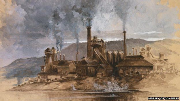 Bethlehem Steel works, "Watercolour in sepia brown, white and gray, on buff paper. Signed May '81."