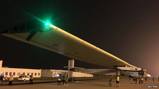 The Solar Impulse 2 plane is seen on the tarmac as it gets ready to take off at the Nanjing Lukou International Airport, Jiangsu province, China, May 31, 2015.