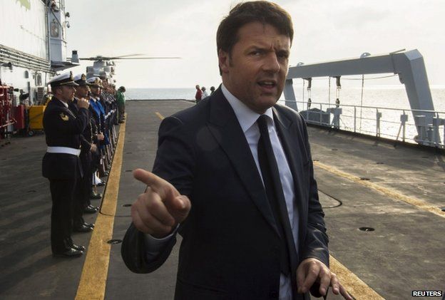 Mr Renzi on board a ship off Sicily (April 2015)