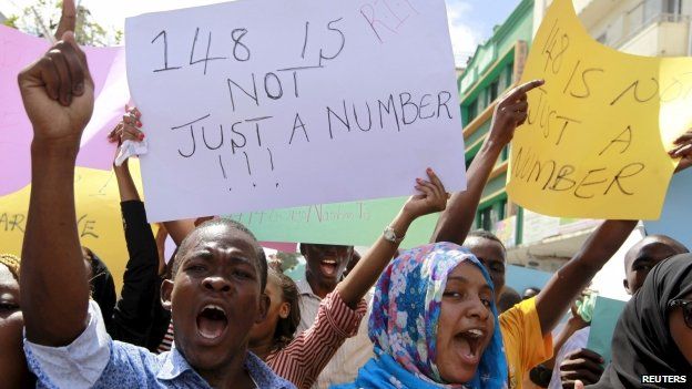 University students join a demonstration condemning the gunmen attack at the Garissa University campus