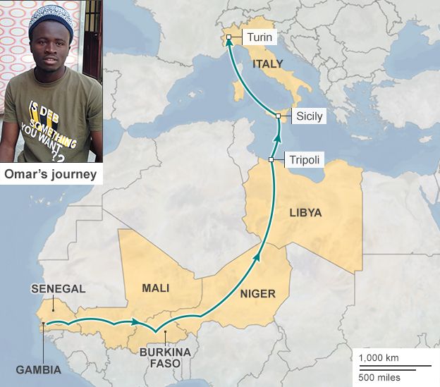 Map showing the journey of Omar Gassama