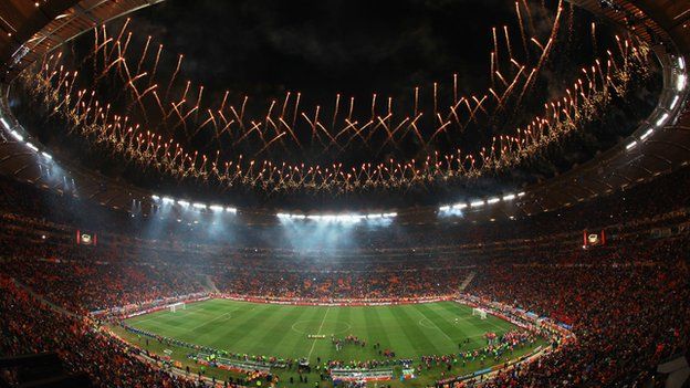 Fireworks explode as the Spain team celebrate victory in World Cup 2010 FIFA World Cup final at Soccer City Stadium on 11 July 11, 2010 in Johannesburg