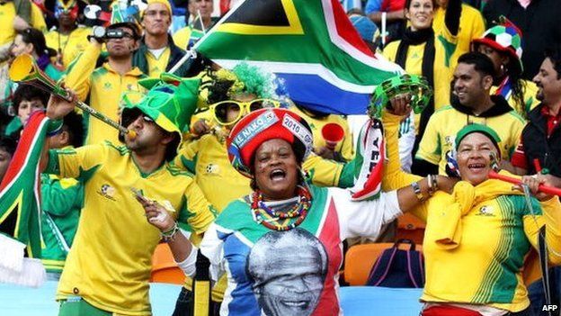 South Africa fans show their support for Nelson Mandela at the Opening Ceremony ahead of the 2010 FIFA World Cup South Africa Group A match between South Africa and Mexico at Soccer City Stadium on 11 June 11, 2010 in Johannesburg, South Africa