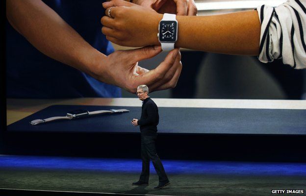 Tim Cook giving a presentation on the Apple Watch
