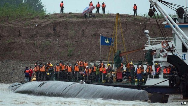 Rescue workers are seen next to the capsized passenger Eastern Star in the Yangtze River in China - 3 June 2015