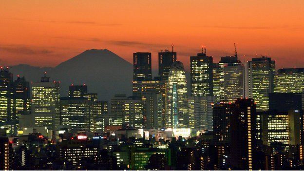 Tokyo skyline at sunset with Mount Fuji in the background