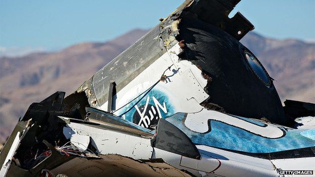The debris of the crashed Virgin Galactic spaceship in the Mojave Desert from November 2014