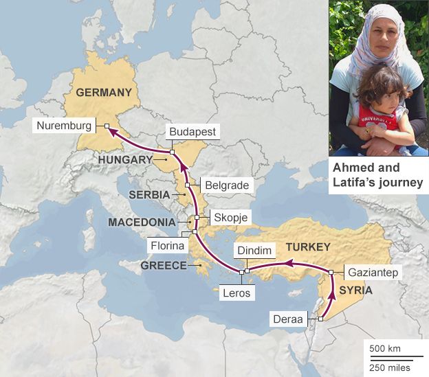 Map showing the journey of Ahmed, Latifa and their three young sons