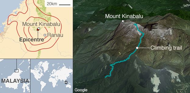 A map showing the earthquake that has struck Mount Kinabulu in Malaysia