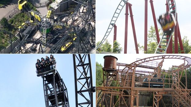 The Smiler, Dragonsfury, Rattlesnake and Saw (clockwise from top left)