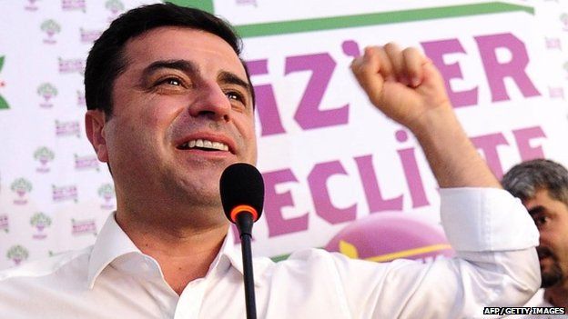 Selahattin Demirtas, co-chair of the pro-Kurdish Peoples" Democratic Party (HDP), gestures during a press conference in Istanbul on June 7, 2015.