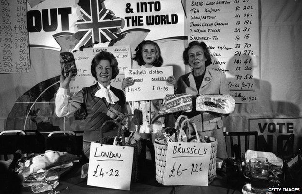 Social Services Minister Barbara Castle and helpers display a variety of goods purchased in London and Brussels with the intention of showing that Britain should leave the Common Market