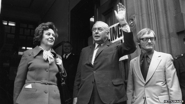 Prime Minister Harold Wilson, accompanied by his wife, Mary to the Polling station in Great Smith Street