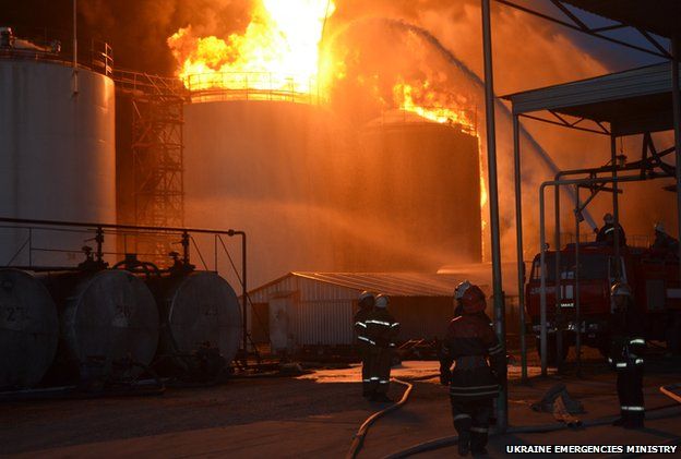 Ukraine emergencies ministry photo of blaze at petrol depot in Vasylkiv outside Kiev