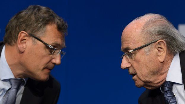 Jerome Valcke and Sepp Blatter during a press conference on 30 May 2015 in Zurich