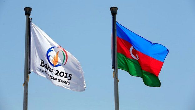A general view of flags at Bilgah Beach for the triathlon event ahead of the 1st European Games in Baku, Azerbaijan - 10 June 2015
