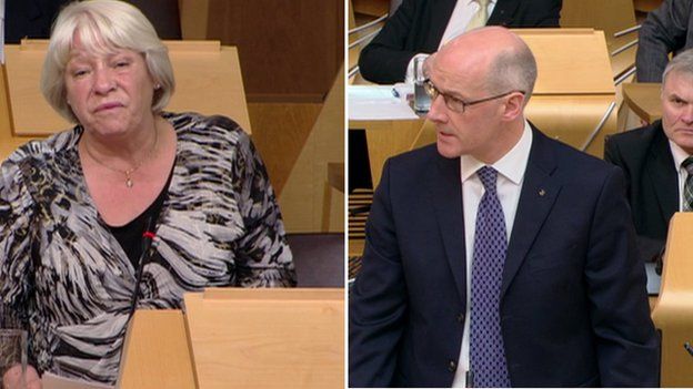 Sandra White and John Swinney at First Ministers Questions